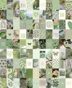 a collage of green and white images with hearts, flowers, leaves and butterflies