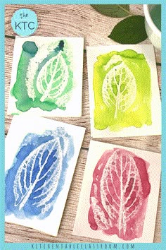 four watercolor leaf paintings on paper with the text, how to paint leaves in watercolor