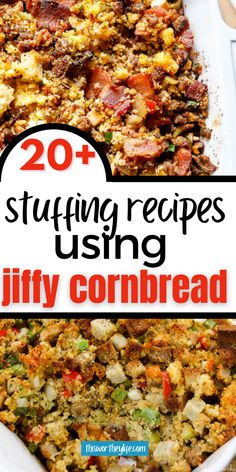 a casserole dish with the title overlay reads 20 stuffing recipes using jiffy cornbread