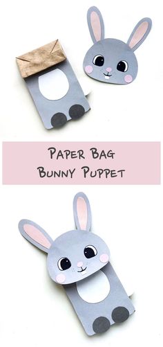 paper bag bunny puppet is shown in three different positions and the bottom one has an envelope