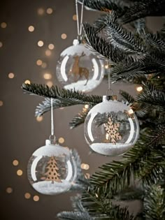 three glass ornaments hanging from a christmas tree