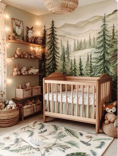 a baby's room decorated in neutral tones with trees and lights on the wall