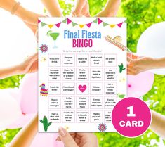 someone is holding up a game card with the words, final fiesta bingo on it