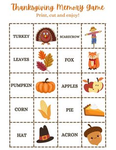 a thanksgiving memory game with pumpkins, leaves and other things to do on it