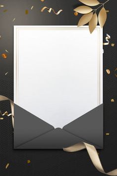 an envelope with gold confetti and streamers around it on a black background