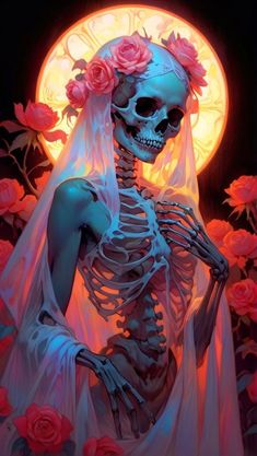 a skeleton with flowers in her hair and veil on it's head standing next to roses