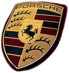 a close up of a porsche emblem on a white background with red and black stripes