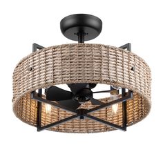 a ceiling light with wicker shades on the top and two lights in the middle