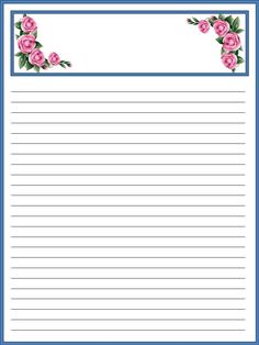 a blue and white lined paper with pink roses on the border, in front of an empty