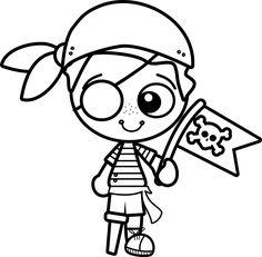 a cartoon girl with a pirate hat holding a skull and crossbones on her shoulder