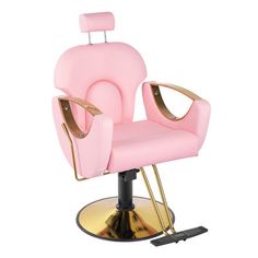 a pink chair with gold trimmings on the back and foot rests in front of a white background