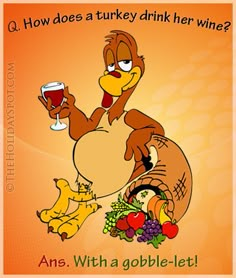 a cartoon turkey holding a glass of wine