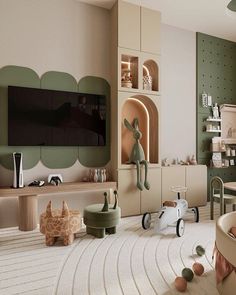 a child's playroom with toys and furniture in neutral colors, including green