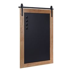 a wooden door with two black knobs on the front and one button on the back