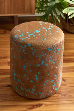 a brown and blue ottoman sitting on top of a wooden floor next to a potted plant