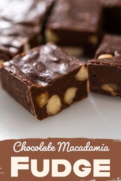 chocolate macadamia fudge is cut into squares and stacked on top of each other