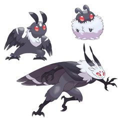 some sort of creature with red eyes and black wings, one is white and the other is gray