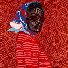 a painting of a woman wearing sunglasses and a red dress with an abstract pattern on it