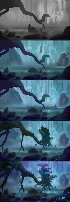 the concept art for an upcoming fantasy film, with multiple stages in which there are different scenes