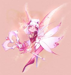 a pink and white fairy with long hair