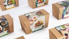 six boxes with different types of food on them