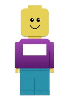 a lego man with a purple shirt and blue pants is standing in front of a white background