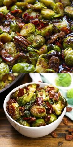 brussel sprouts with bacon in a white bowl