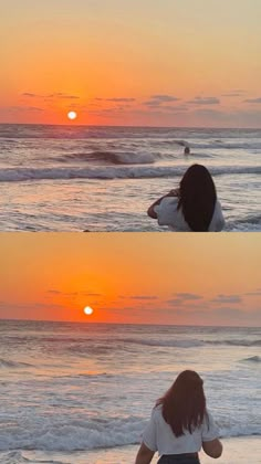 two women are sitting on the beach watching the sun go down