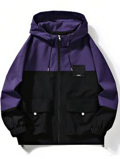 Boyfriend Style Men's Spring Autumn Hooded Windbreaker Jacket, Casual Outdoor Couple Jacket Purple   Long Sleeve Woven Fabric Colorblock,Letter None Non-Stretch  Men Activewear, size features are:Bust: ,Length: ,Sleeve Length: Long Sleeve Patchwork Windbreaker For Outdoor Activities, Long Sleeve Patchwork Windbreaker For Outdoor, Outdoor Long Sleeve Patchwork Windbreaker, Outdoor Patchwork Long Sleeve Windbreaker, Casual Patchwork Windbreaker For Outdoor, Casual Patchwork Windbreaker For Outdoor Activities, Purple Hoodie With Pockets For Streetwear, Outdoor Hoodie Track Jacket With Pockets, Outdoor Track Jacket Hoodie With Pockets