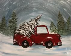 a painting of a red truck with a christmas tree on the back in front of snow covered trees