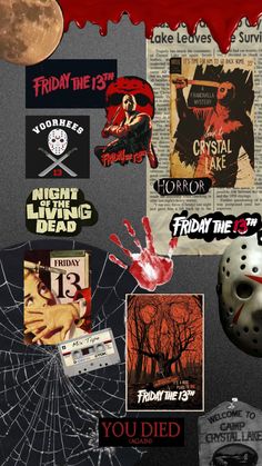 a collage of halloween related items including a mask, spider web, and posters