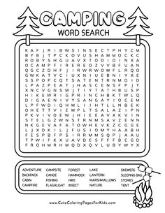 the camping word search is shown in black and white