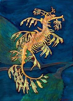 a painting of a yellow seahorse on a dark blue background with green algaes