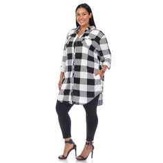 You'll love the relaxed fit and tunic length of this classic button-up shirt that's always ready for the weekend. Our button-front tunic is soft, light, and has an allover yarn-dyed woven plaid pattern. Long sleeves with buttoned cuffs roll and tab to 3/4 length. - Product Fit: Relaxed Fit - Care Instructions: Machine Wash Cold - Material: 100% Polyester Product Specifications: - Side Pockets - Tunic - Long Sleeves - Button Down Clothing Apps, Plaid Shirt Outfits, Pocket Tunic, Plaid Tunic, Women Tunic Tops, White Mark, Tunic Shirt, Print Tunic, Tunic Length