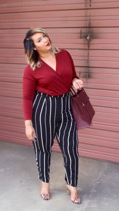 beauticurve.com Striped Pants Outfit, Plus Size Herbst, Plus Size Fall Outfit, 2017 Fashion Trends, Fall Outfits For Work, Plus Size Models, Moda Plus