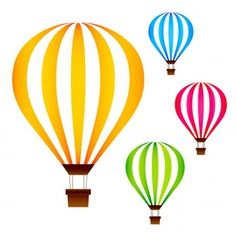 three hot air balloons in different colors on a white background, one is green and the other is red