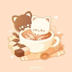 an illustration of two cats in a cup with marshmallows on the side