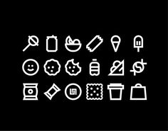 a set of nine different symbols on a black background, all with white outlines