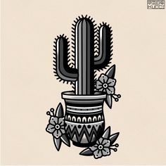 a cactus in a pot with flowers on the bottom and an inscription below it that says,