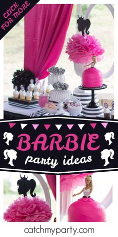 a barbie party with pink and black decorations