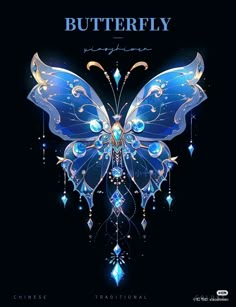 a blue butterfly with jewels on it's wings and the words butterflies above it