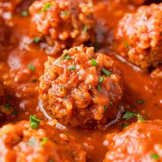 meatballs covered in tomato sauce and parsley on top of the meatball dish