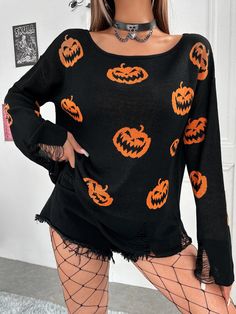 Casual Halloween Outfits, Halloween Fashion Outfits, Halloween Mode, Black Halloween Dress, Shein Icon, Distressed Sweaters, Halloween Sweater