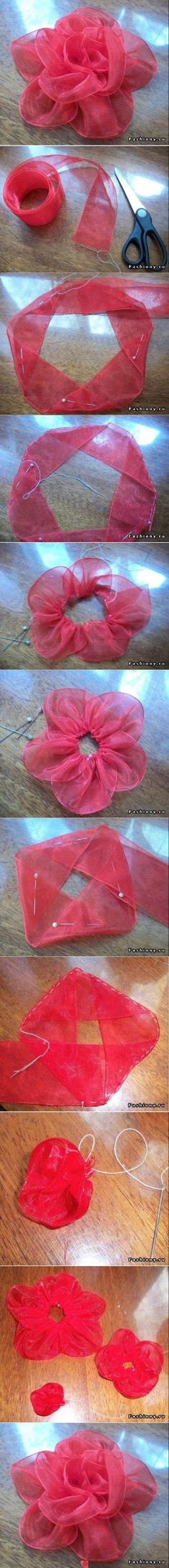 four different images of red flowers on a wooden surface