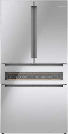 a stainless steel refrigerator freezer with two doors and shelves on each side, in front of a white background