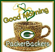 a green bay packers coffee cup with the words good morning on it