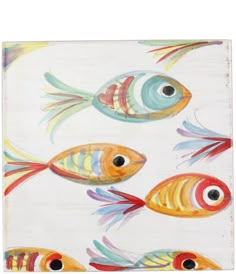 four colorful fish painted on white wood with black eyes and red, blue, yellow, orange, and green stripes