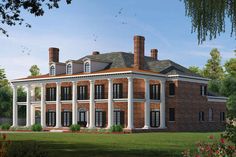 an artist's rendering of a large brick house with columns and pillars on the front