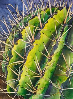 a painting of a cactus with green leaves