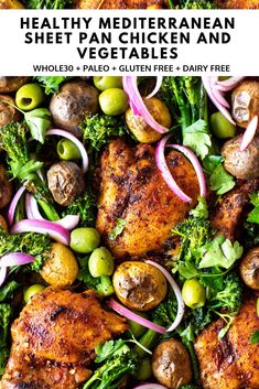 healthy mediterranean sheet pan chicken and vegetables with text overlay that reads, healthy mediterranean sheet pan chicken and vegetables